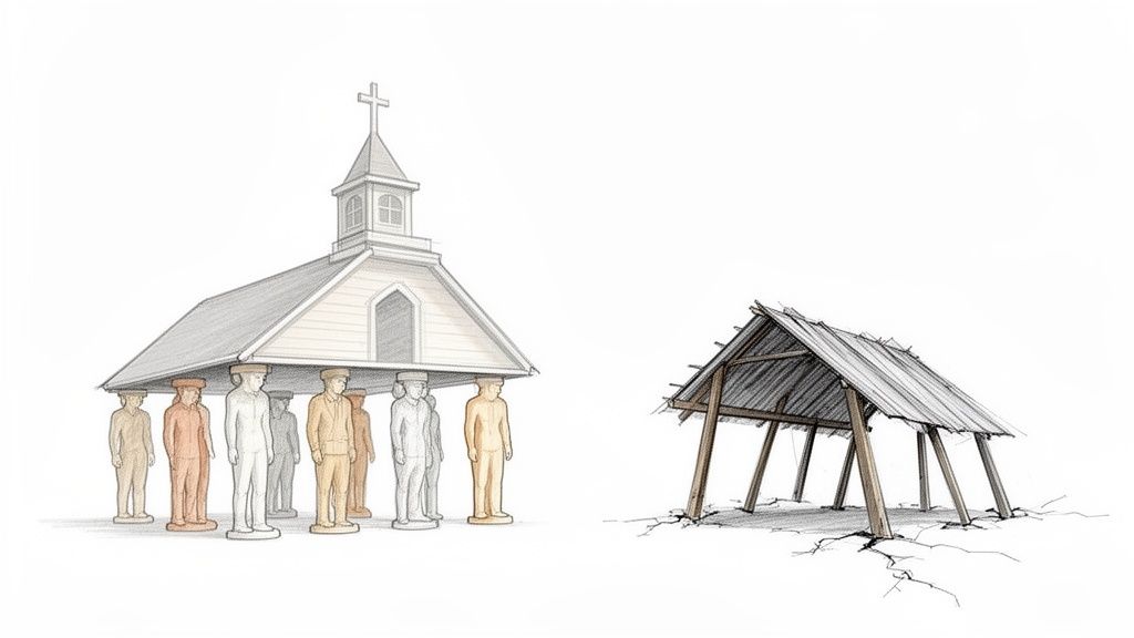 Illustration showing a church building supported by numerous figures, juxtaposed with a simple, dilapidated wooden shelter on cracked ground.