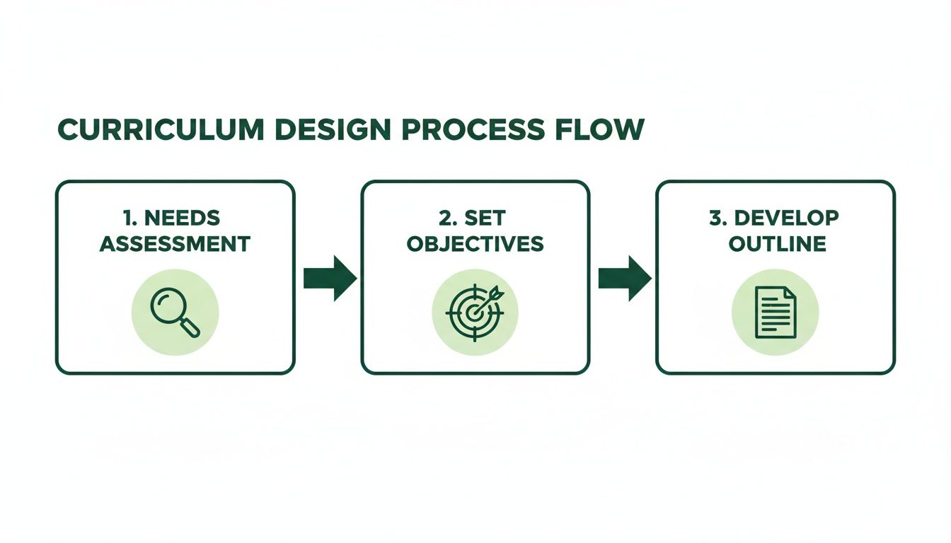 Curriculum design process flow showing needs assessment, setting objectives, and developing an outline.