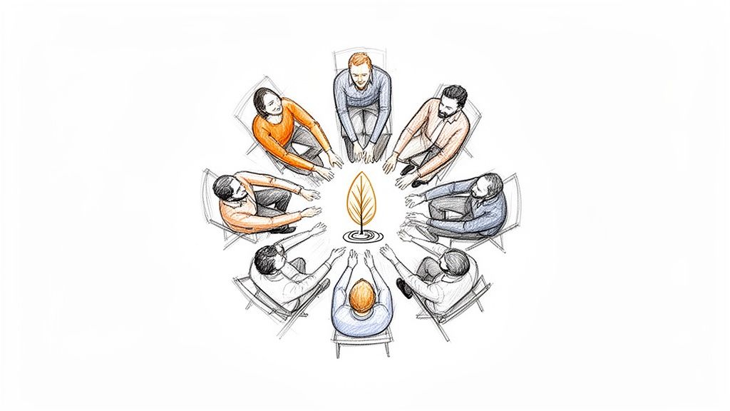 A diverse group of people in a circle, focused on a central glowing leaf, symbolizing collaborative growth.