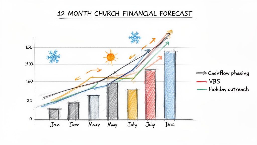 A hand-drawn bar and line chart illustrating a 12-month church financial forecast with various income streams.