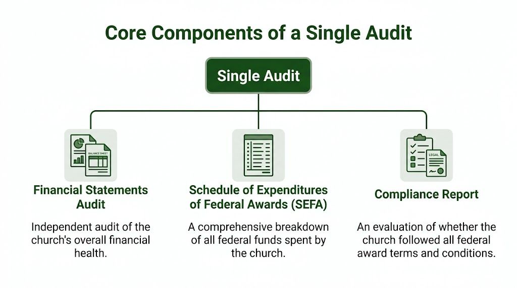An infographic showing the three core components of a single audit: financial statements, SEFA, and compliance reports.