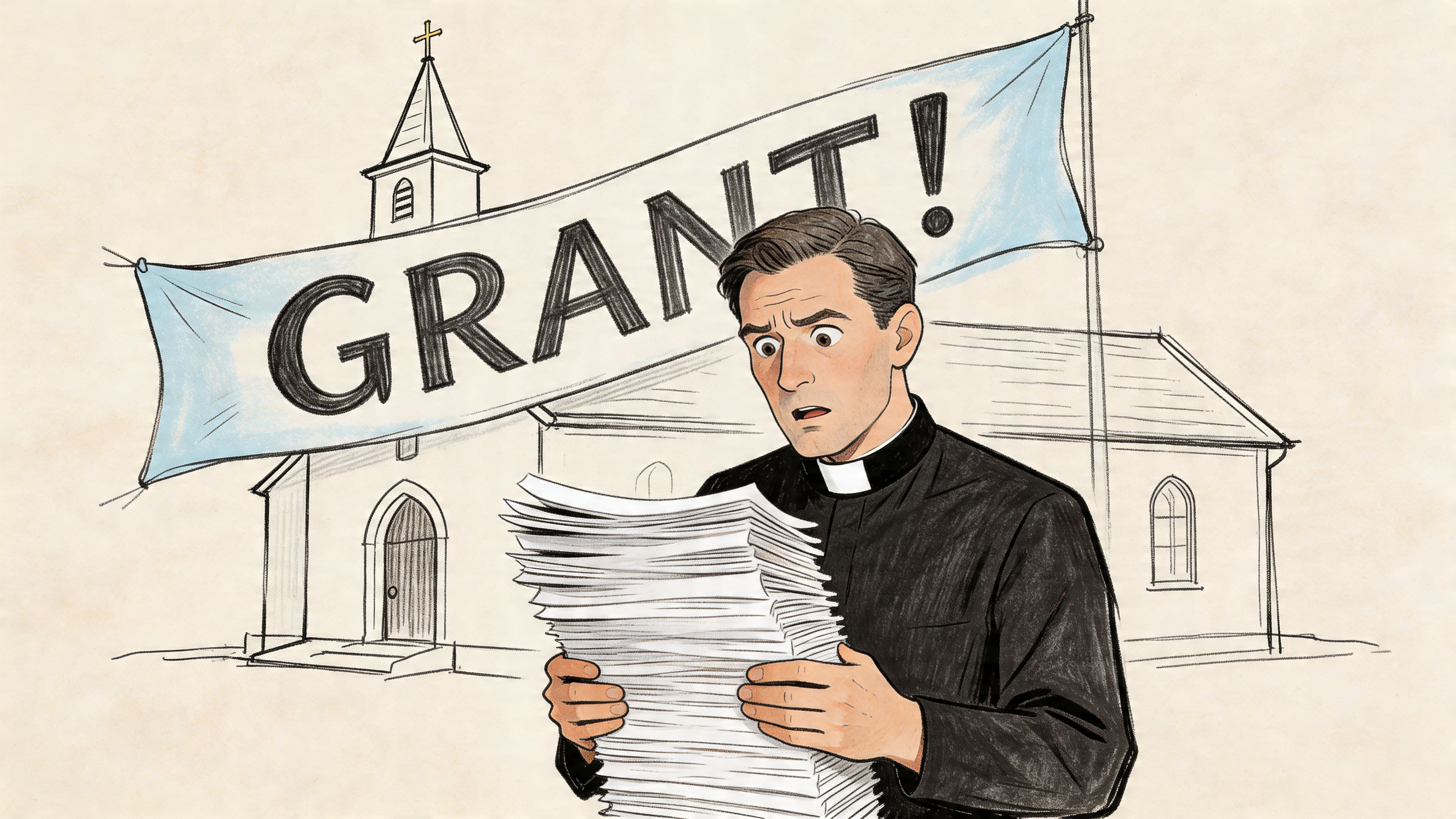 A concerned priest holding a large stack of paperwork in front of a church with a banner.