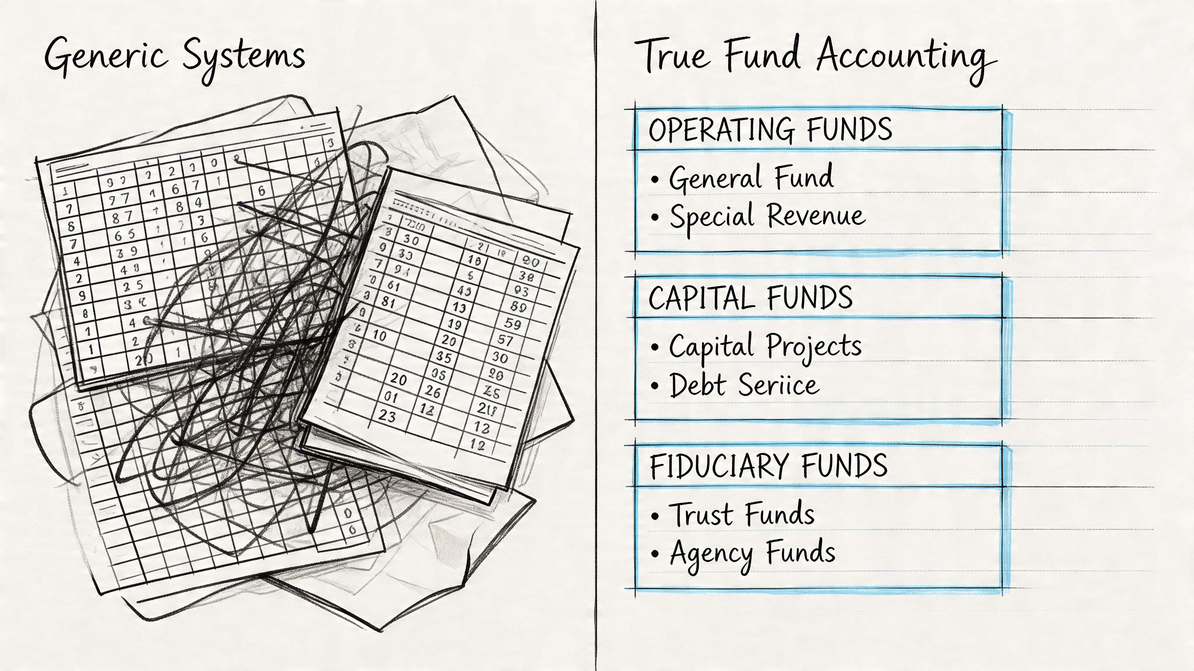 A comparison showing a disorganized spreadsheet labeled Generic Systems versus an organized chart titled True Fund Accounting.