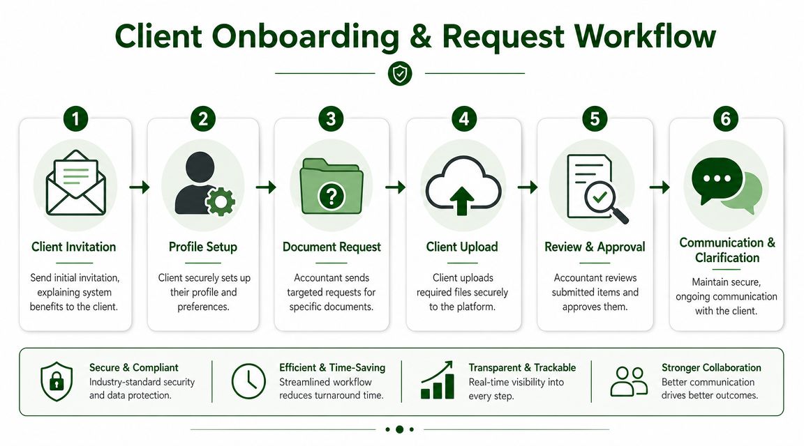 A six-step infographic illustrating the client onboarding and document request workflow for accounting firms and clients.
