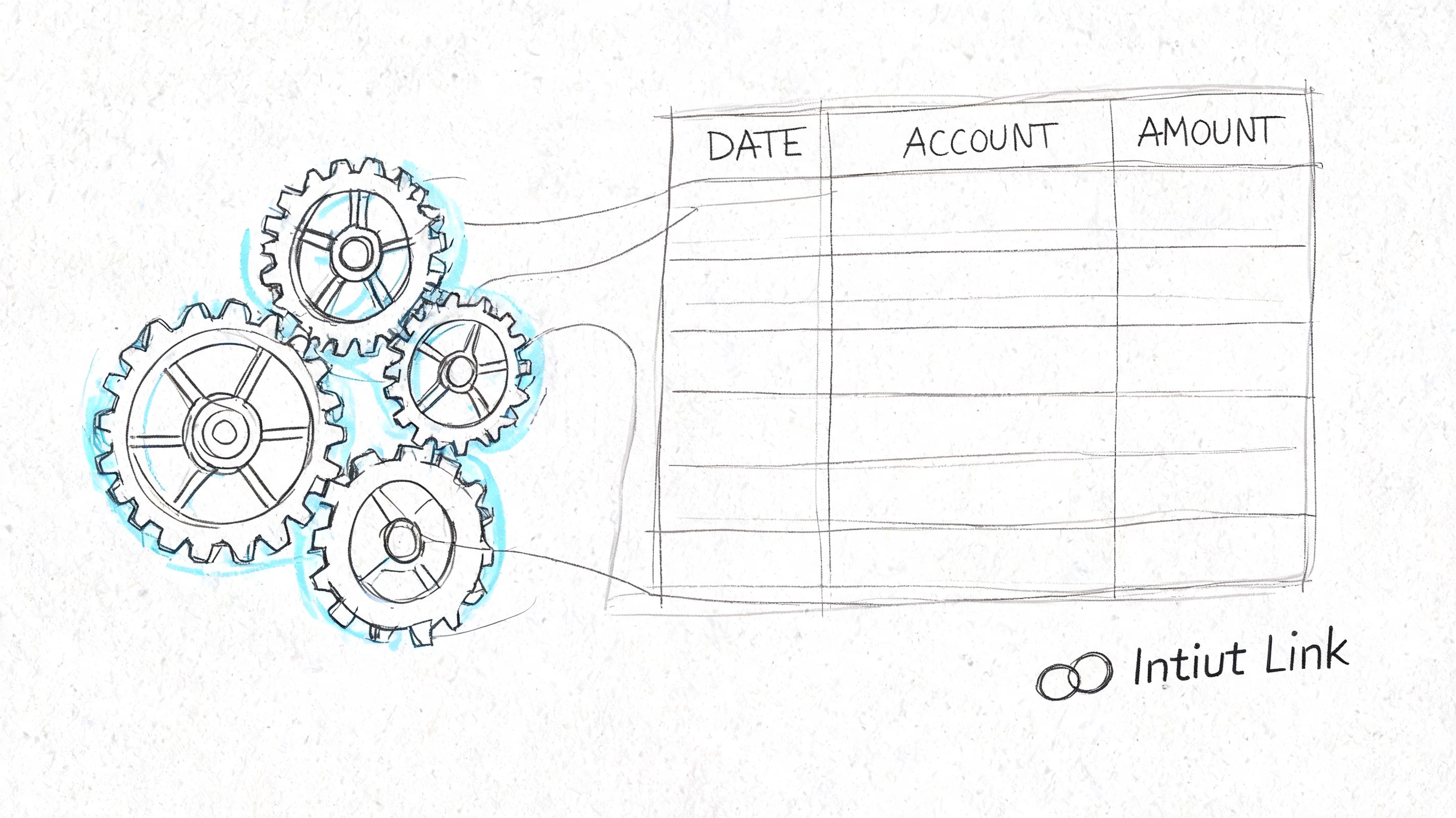 A hand-drawn illustration showing interconnected gears feeding data into an empty financial ledger table.