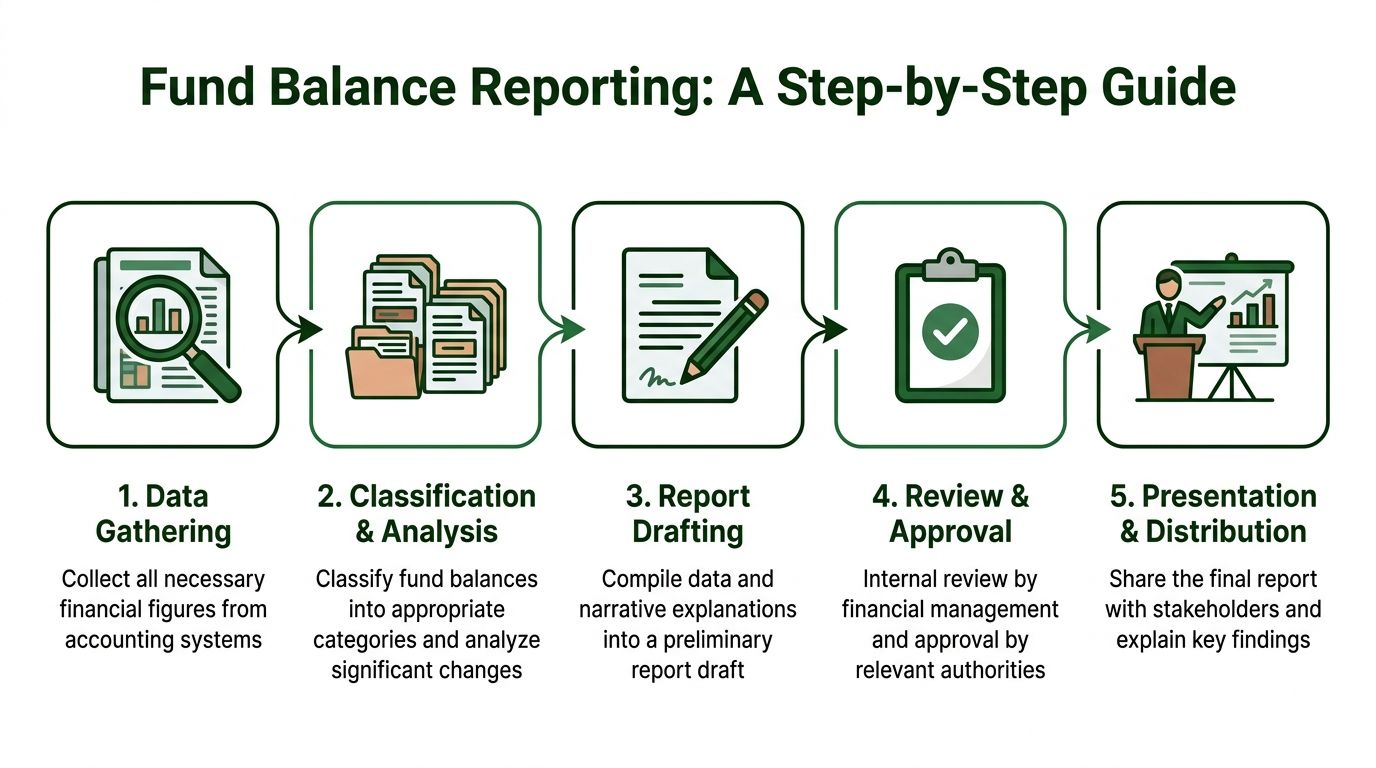 A five-step guide flowchart illustrating the process of financial fund balance reporting from data gathering to final presentation.