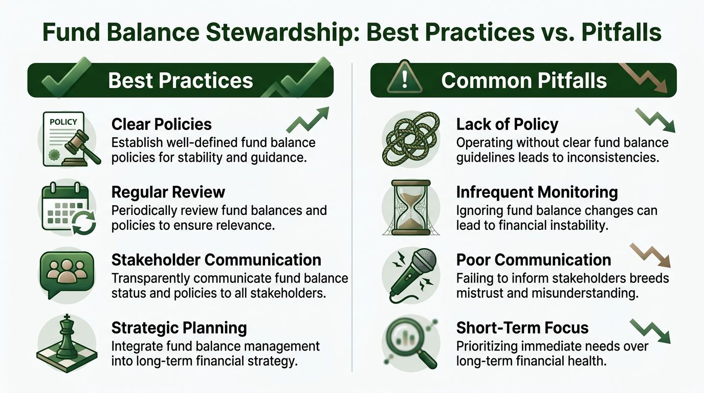 An infographic comparing best practices and common pitfalls regarding effective fund balance stewardship for financial organizations.