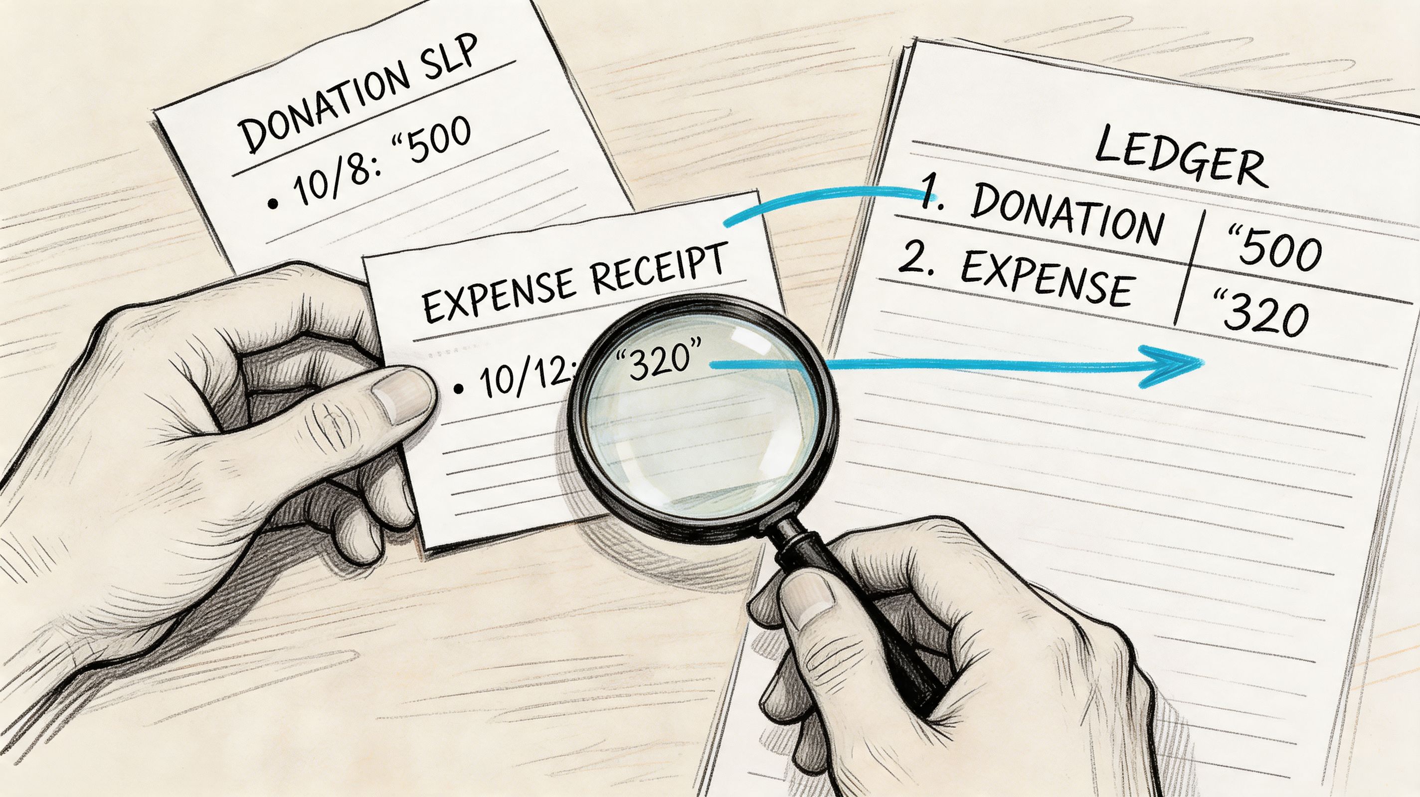 A magnifying glass inspecting an expense receipt being recorded onto a ledger for financial auditing.