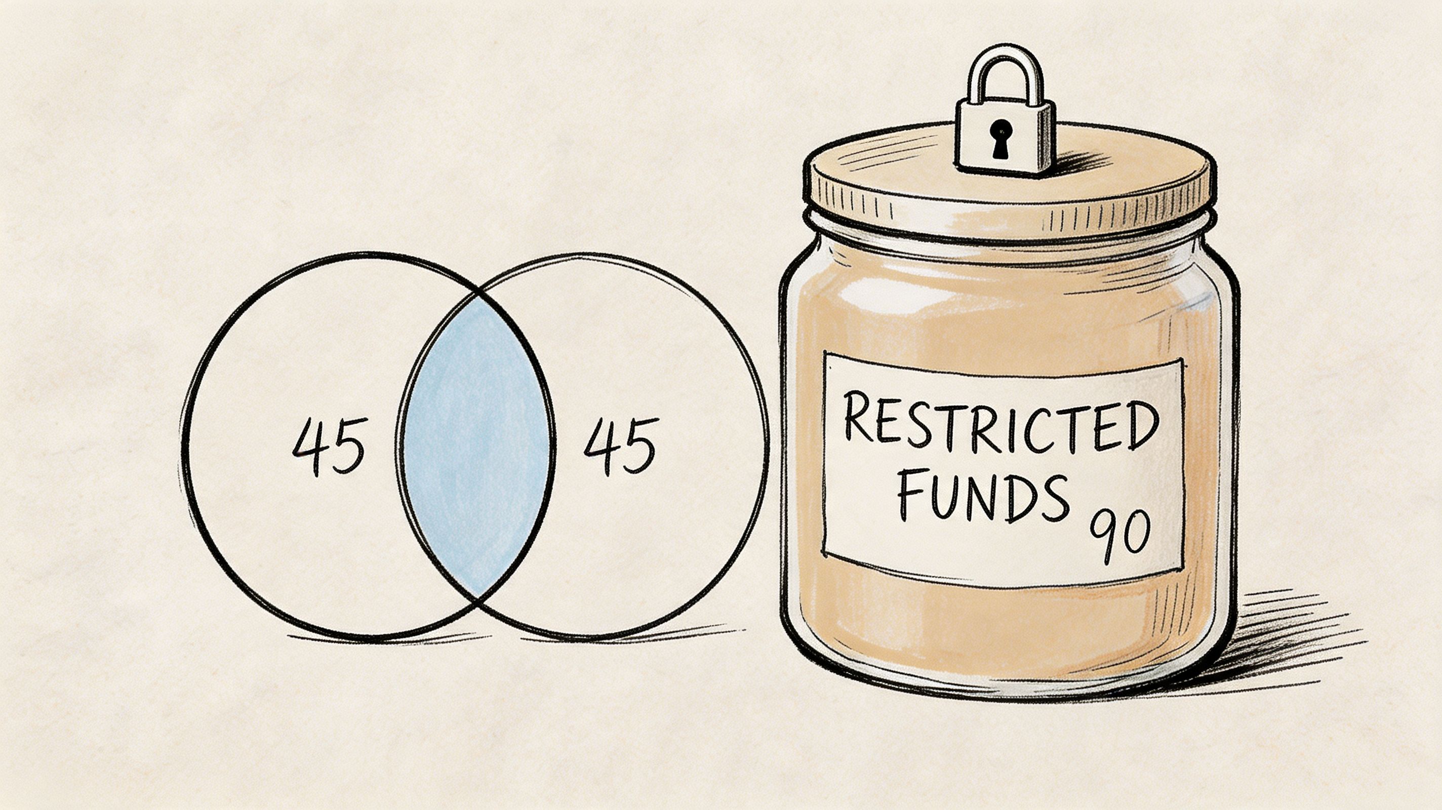 A visual representation showing two overlapping circles with numbers and a jar labeled restricted funds.
