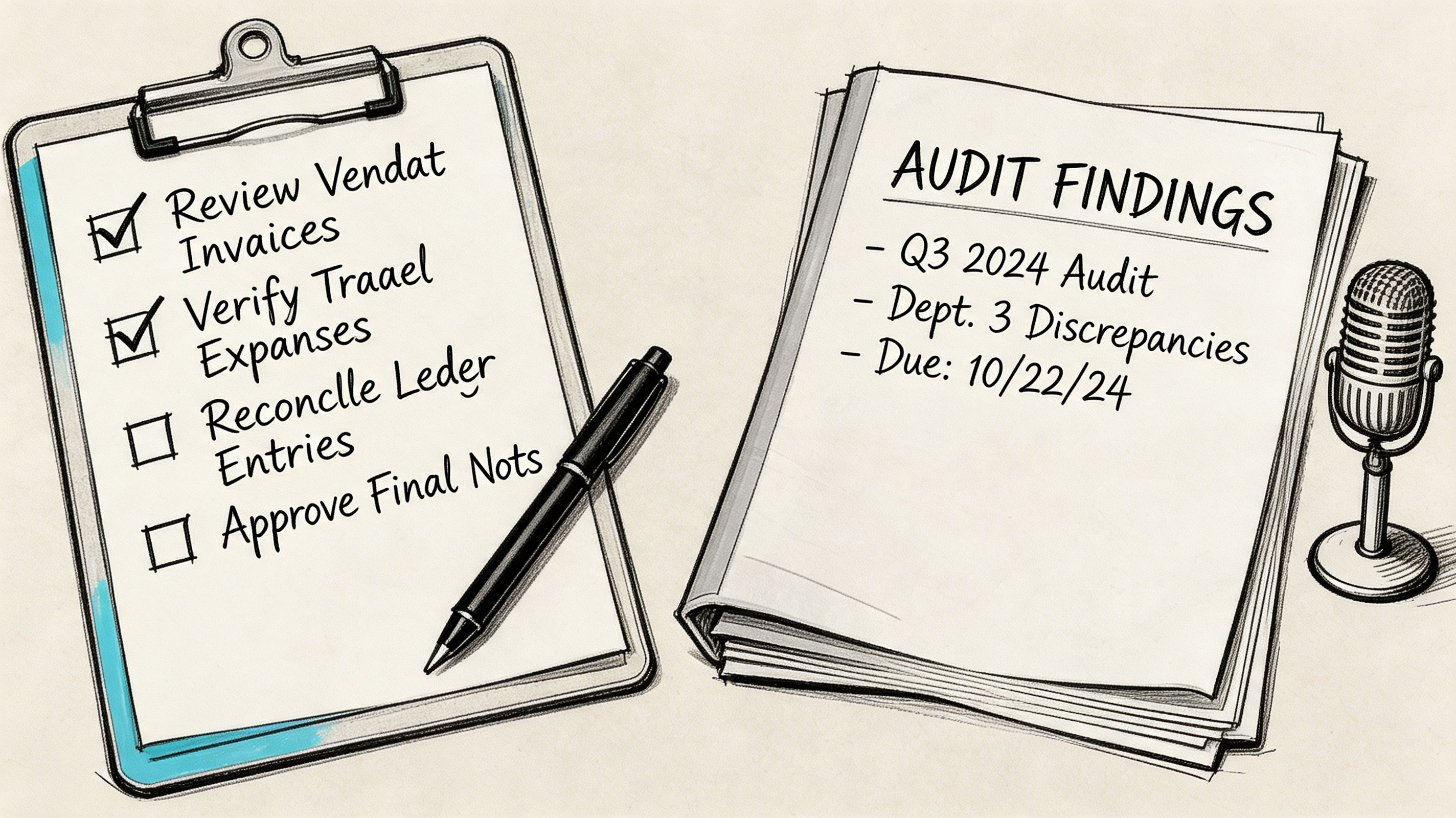 A clipboard with a checklist alongside a notebook showing audit findings and a small microphone icon.