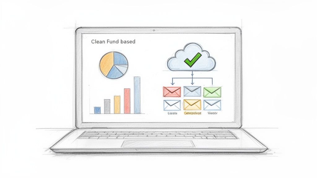 Hand-drawn laptop screen showing a 'Clean Fund based' dashboard with financial charts and email distribution.