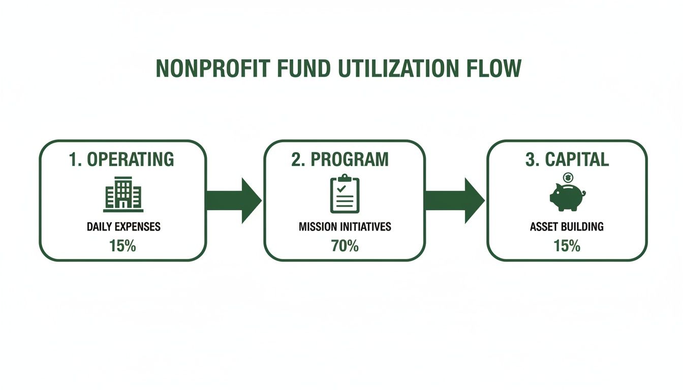 Flowchart illustrating nonprofit fund utilization, showing 15% operating, 70% program, and 15% capital.