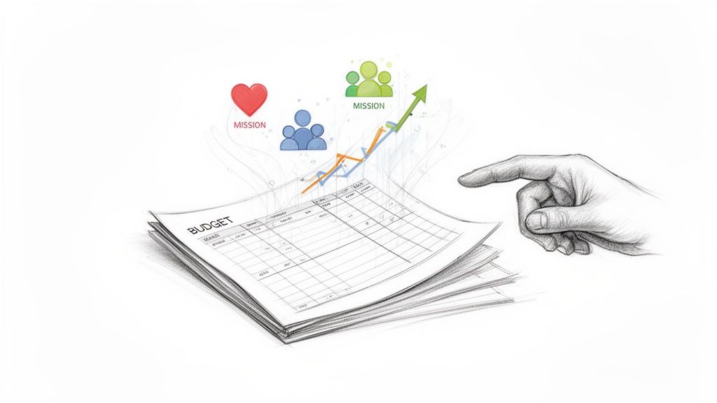 A sketch of a hand pointing at a budget document, with mission icons and a rising growth chart above it.