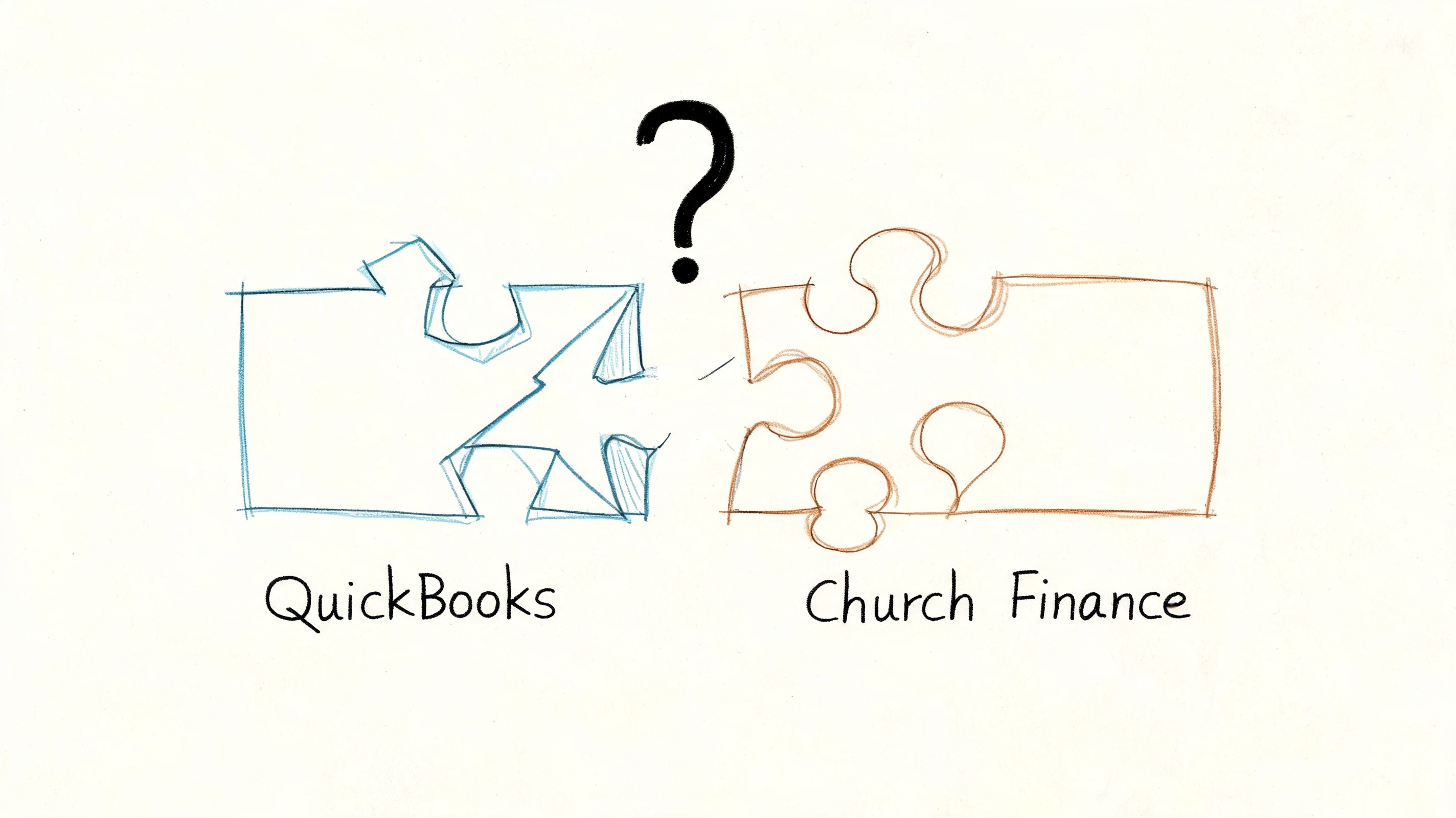 A conceptual sketch showing a puzzle piece labeled QuickBooks trying to connect with a Church Finance piece.