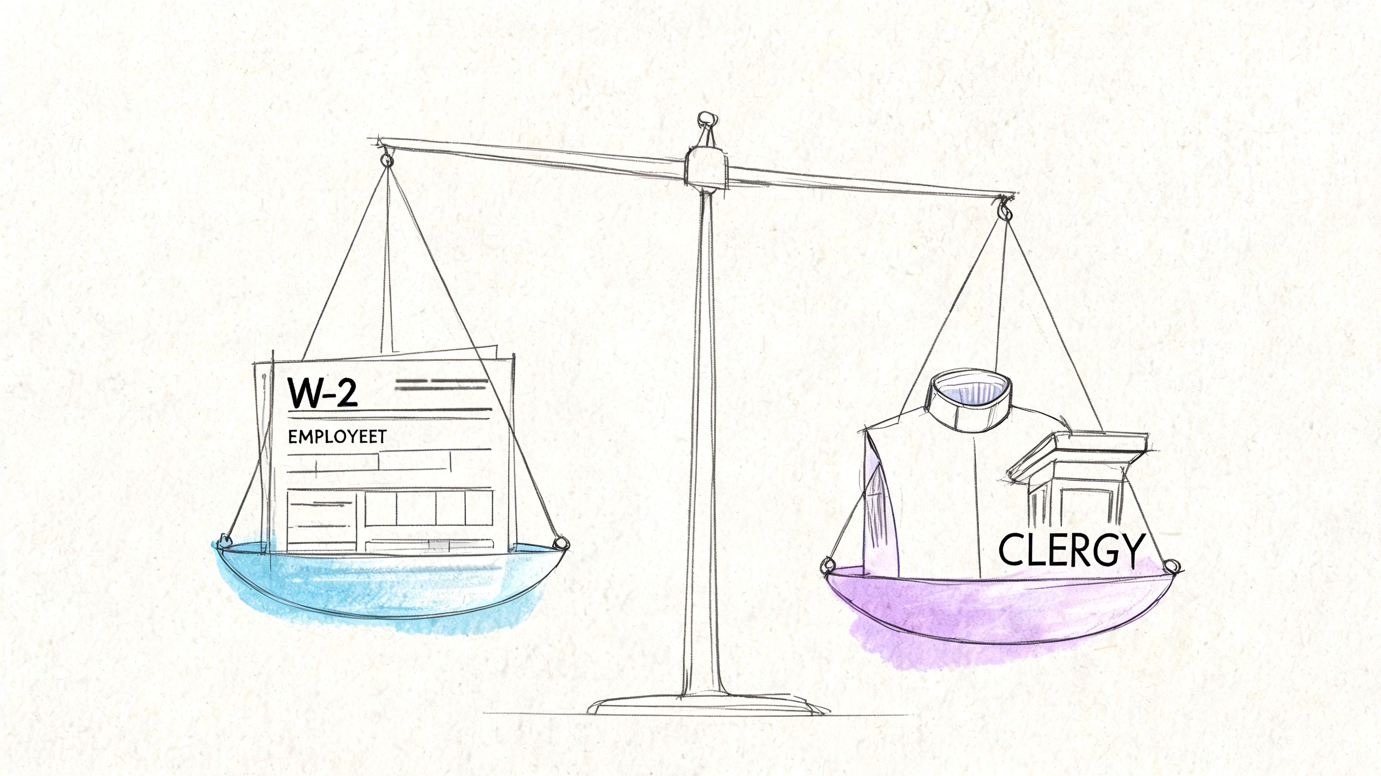 A line drawing of a balance scale comparing a W-2 employee form to a clergy vestment.