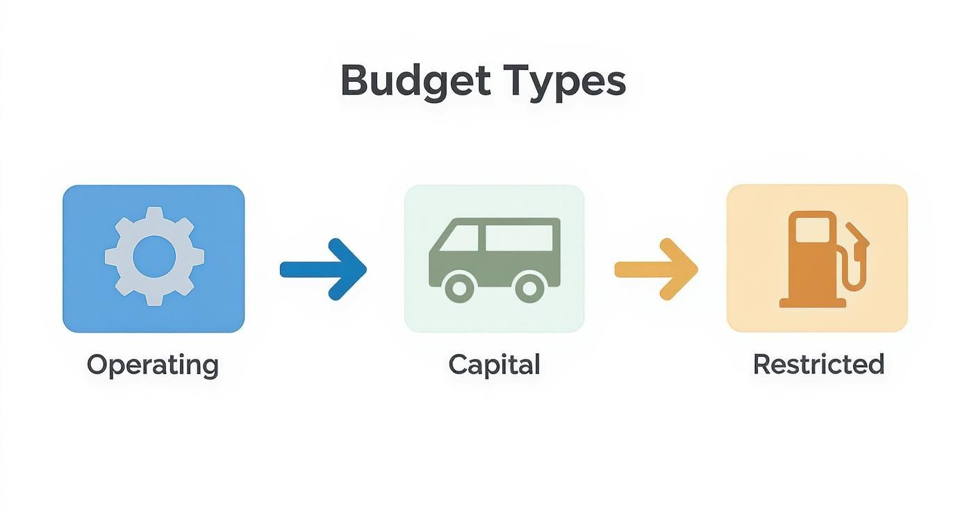 Diagram illustrating three budget types: Operating (gear icon), Capital (van icon), and Restricted (gas pump icon).