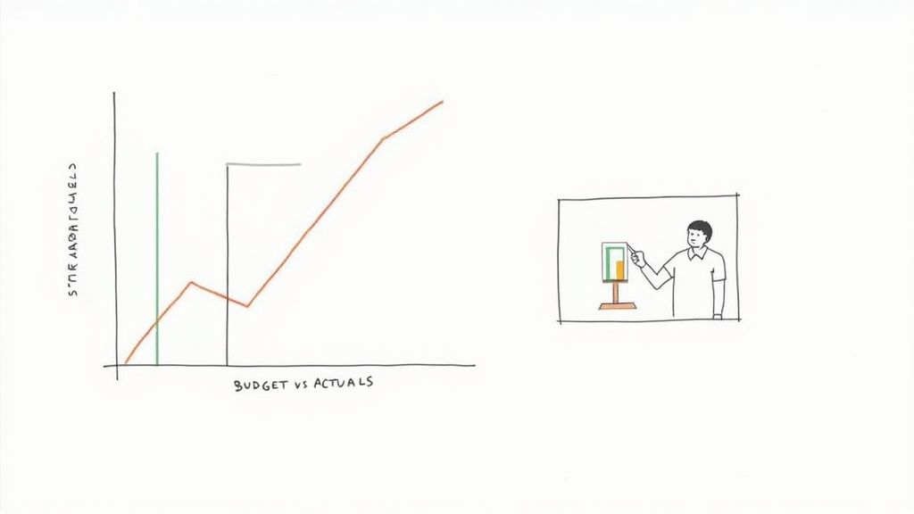 A hand-drawn graph displays budget versus actuals, next to a person presenting a financial bar chart.