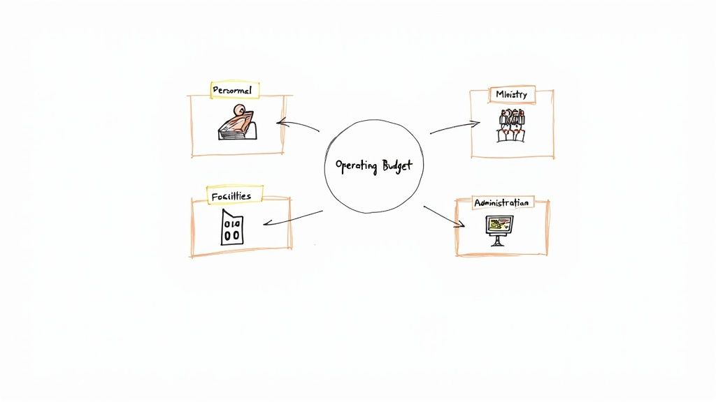 Diagram illustrating an operating budget breakdown into personnel, ministry, facilities, and administration.