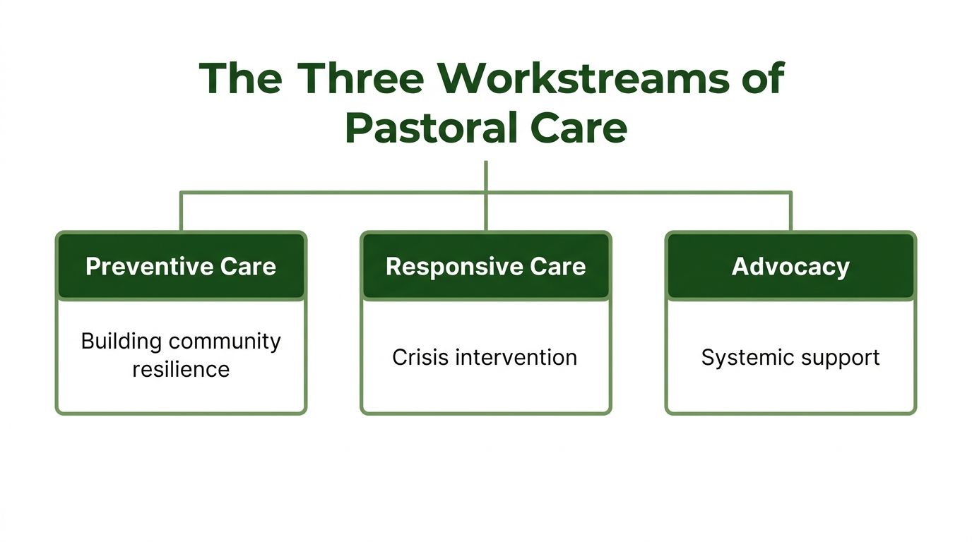 A diagram illustrating the three workstreams of pastoral care: preventive care, responsive care, and advocacy.