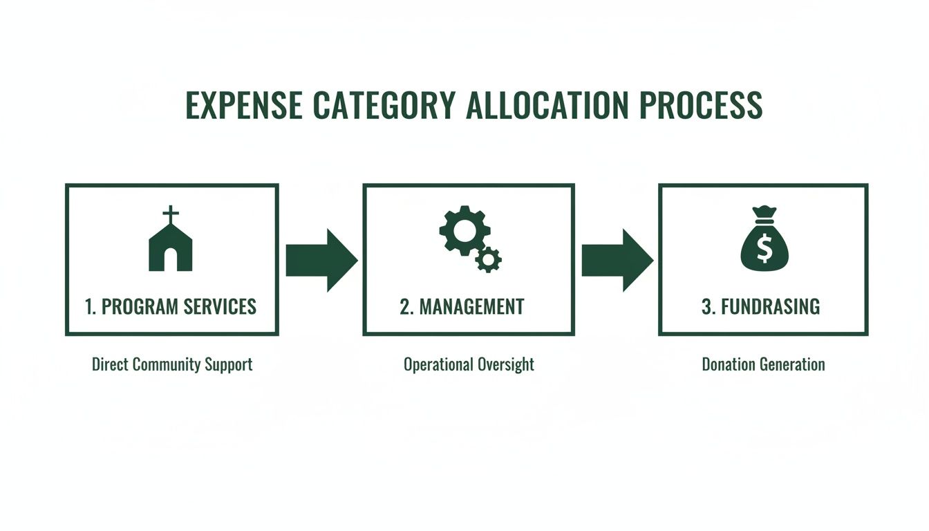 Flowchart showing expense category allocation for Program Services, Management, and Fundraising.