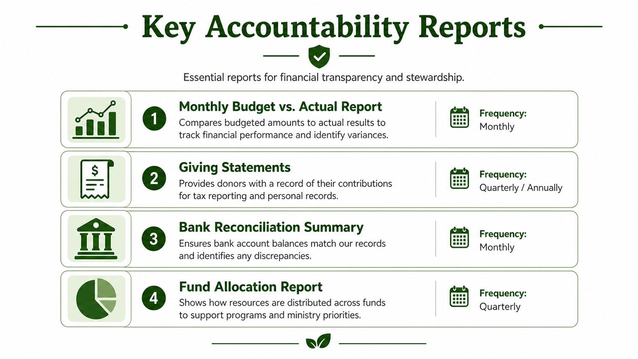 An infographic titled Key Accountability Reports displaying four essential financial documents and their reporting frequencies for organizations.