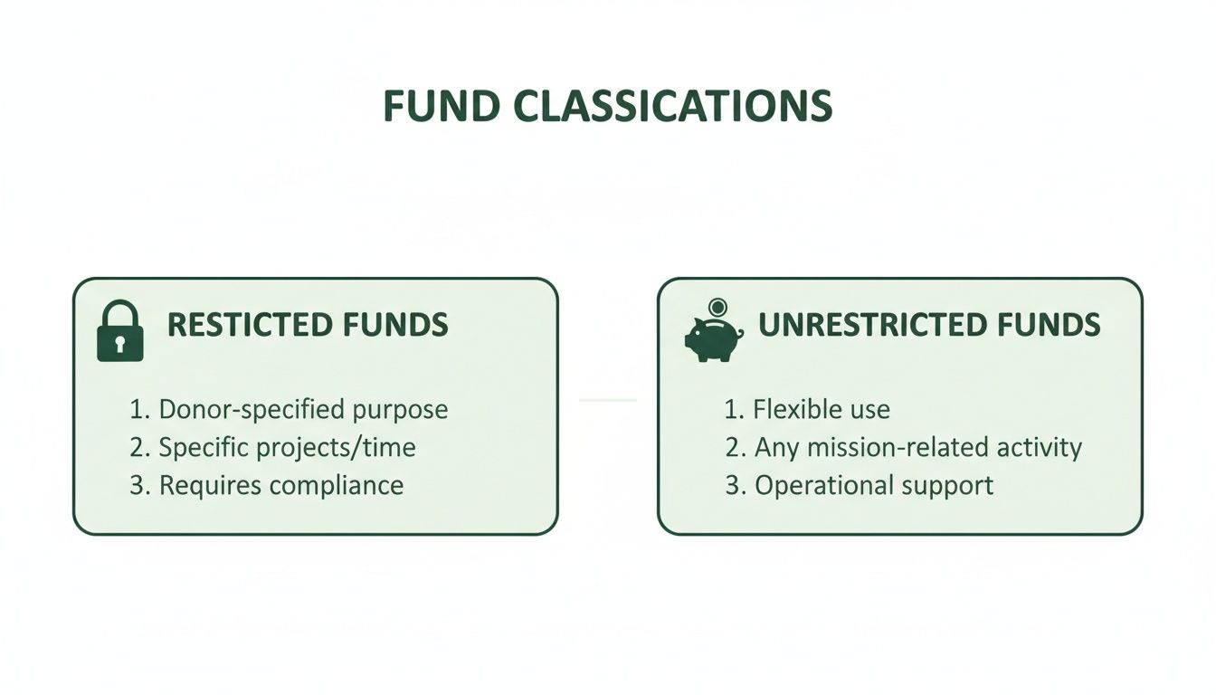 A graphic illustrating the classifications of funds: restricted and unrestricted, with their respective characteristics.