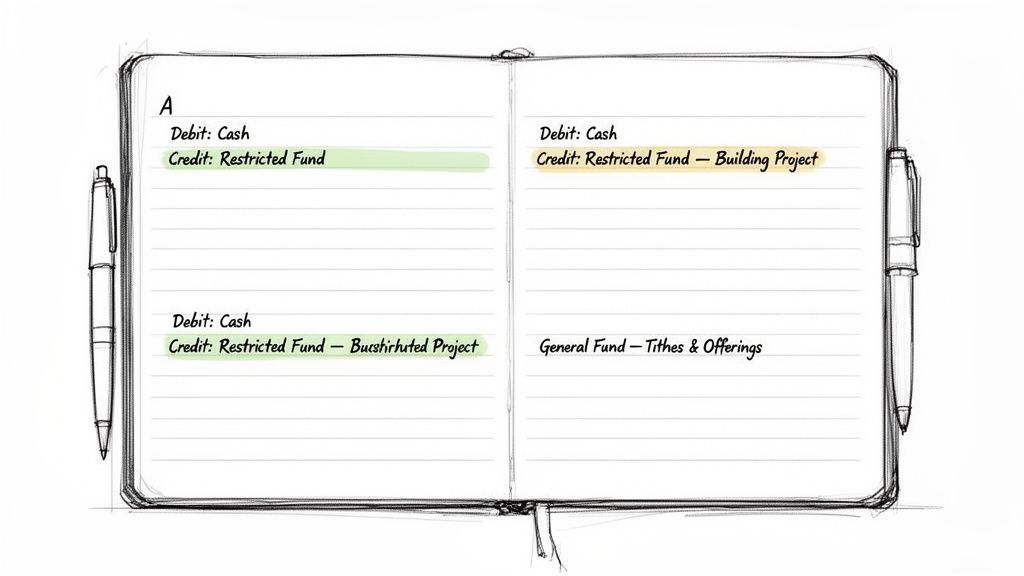 An open accounting notebook displaying entries for restricted funds, building projects, and tithes, with pens.