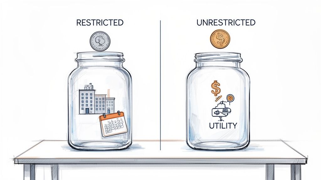 Two jars illustrate restricted funds for specific purposes and unrestricted funds for general utility.