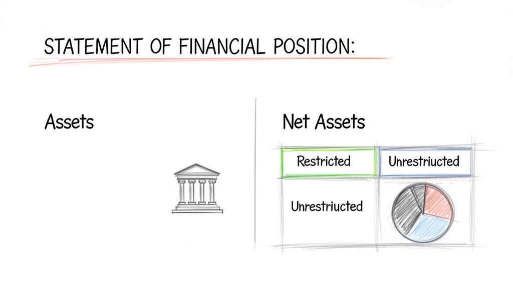 A financial statement diagram illustrating assets, restricted net assets, and unrestricted net assets with a pie chart.