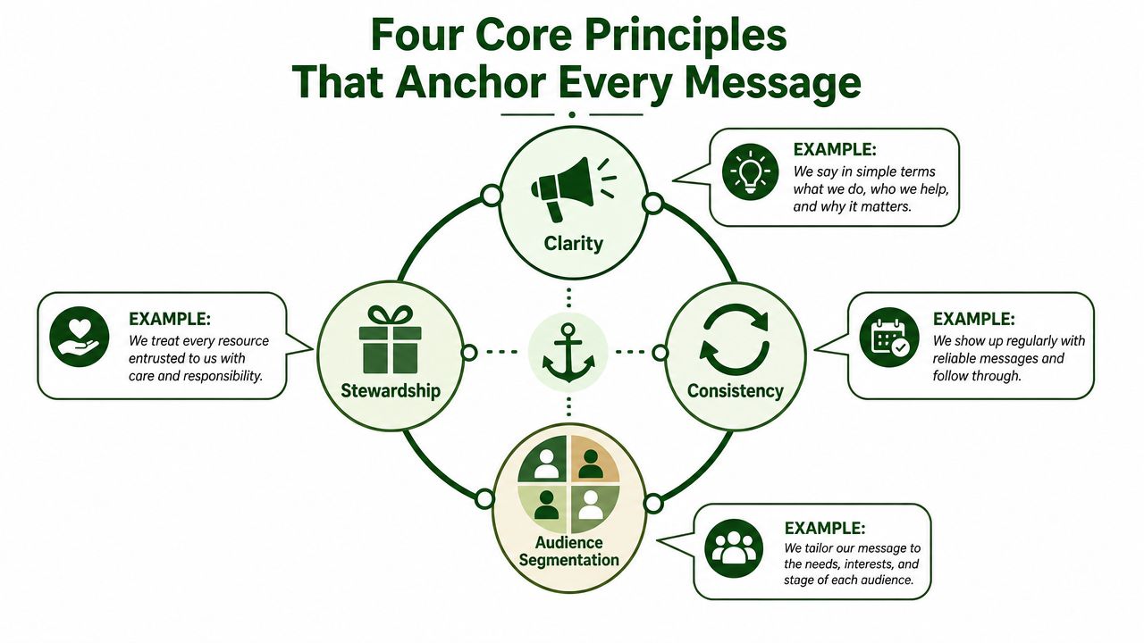 A diagram titled Four Core Principles That Anchor Every Message, illustrating Clarity, Stewardship, Consistency, and Audience Segmentation.