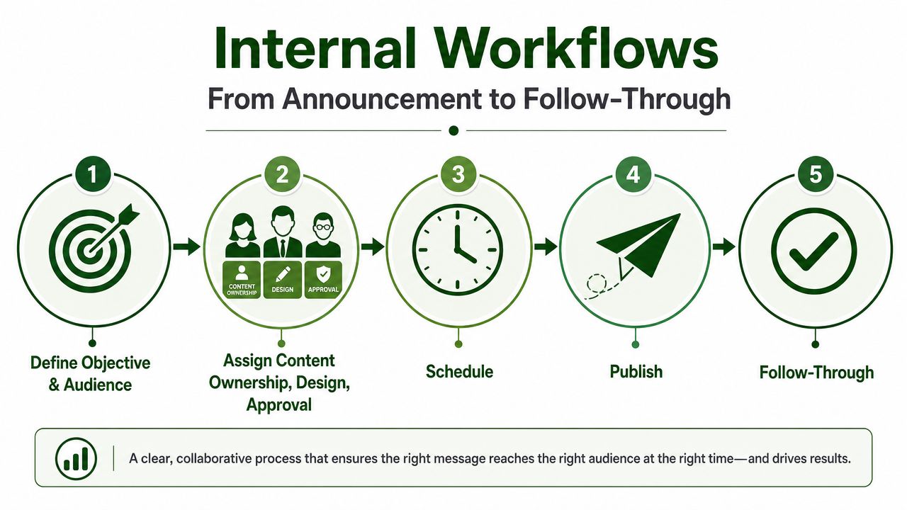 A five-step flowchart illustrating a structured internal communication workflow from initial objective setting to final follow-through.