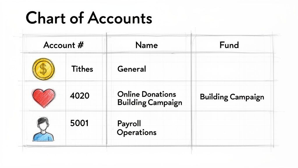 Table titled 'Chart of Accounts' showing financial details for tithes, donations, and payroll operations.