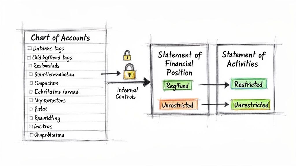 Diagram illustrating the flow from chart of accounts, through internal controls, to financial statements.