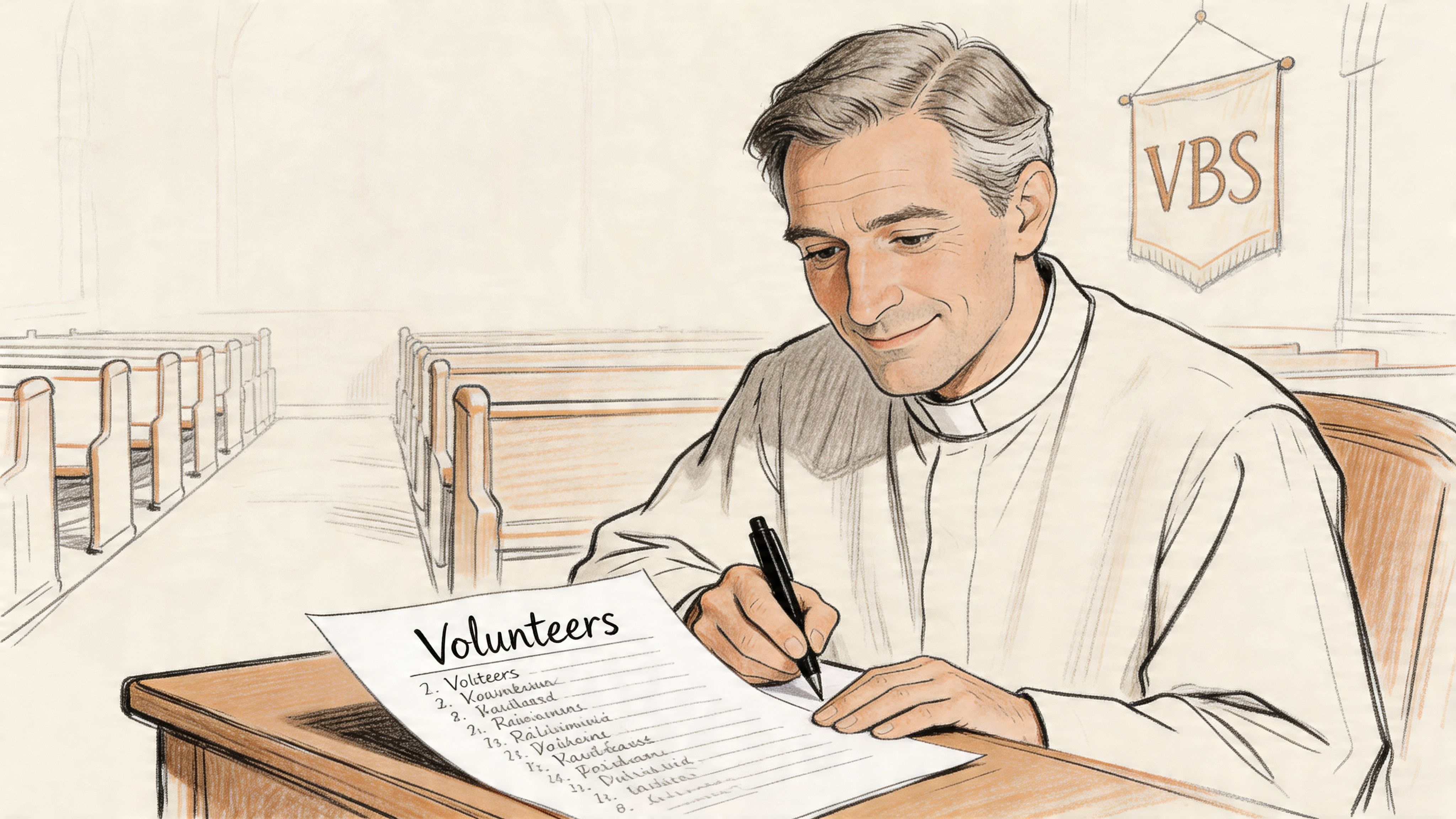 A kind priest writing a list of church volunteers on a paper while sitting at a desk.