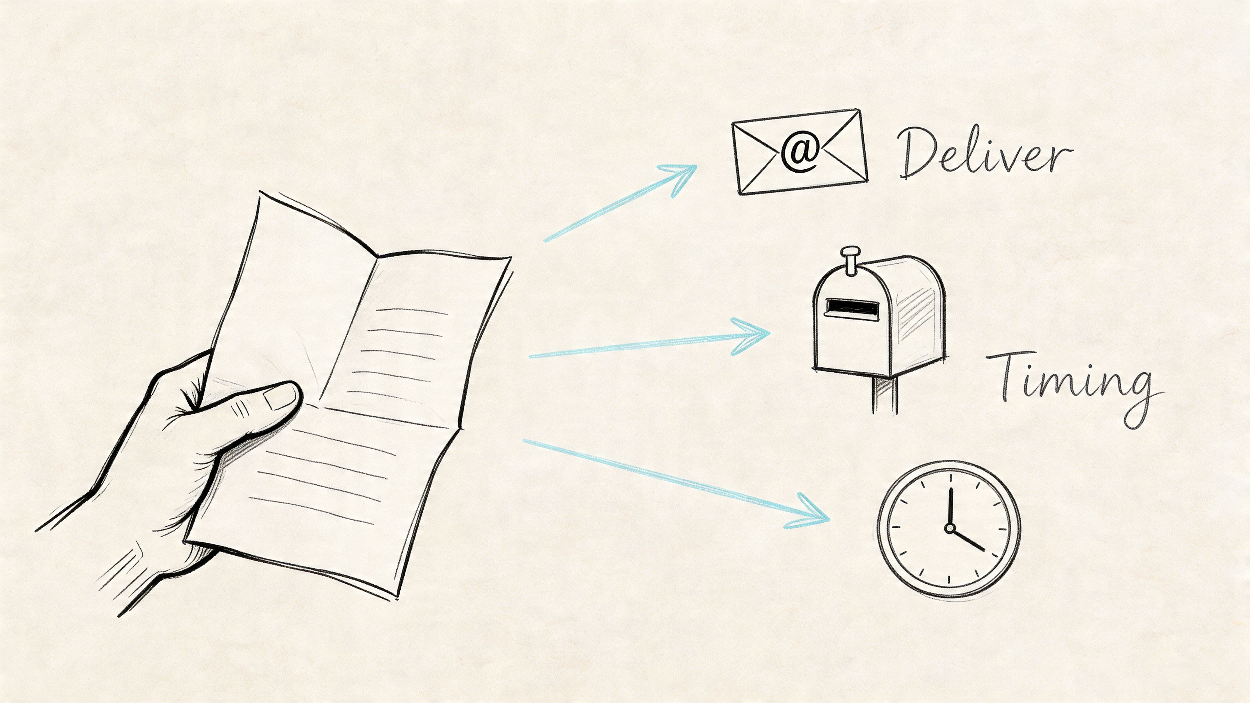 A hand holding a letter with arrows pointing toward an email icon, a mailbox, and a clock.