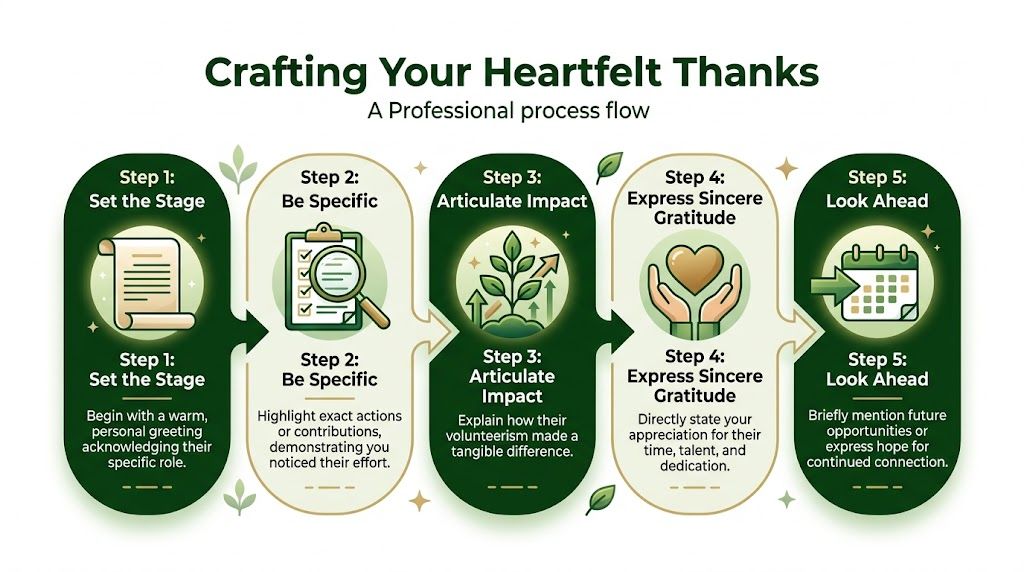 An infographic showing a five-step professional process flow for crafting a heartfelt thank you message to volunteers.