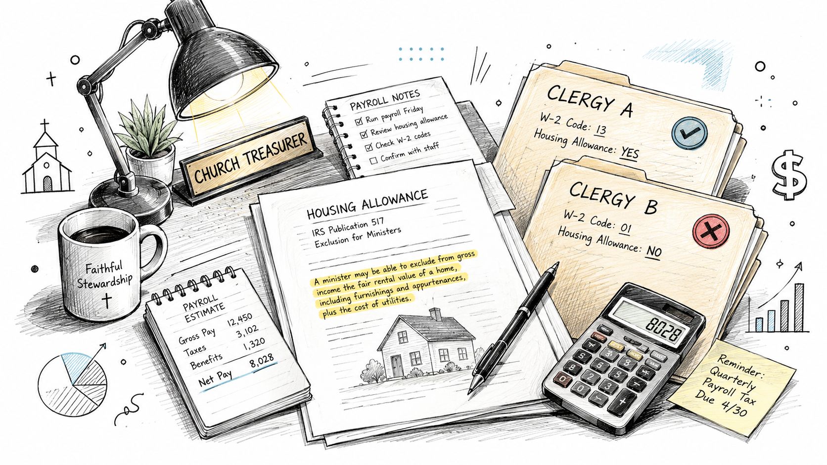 A church treasurer's desk with documents about payroll, tax forms, housing allowances, and a calculator.