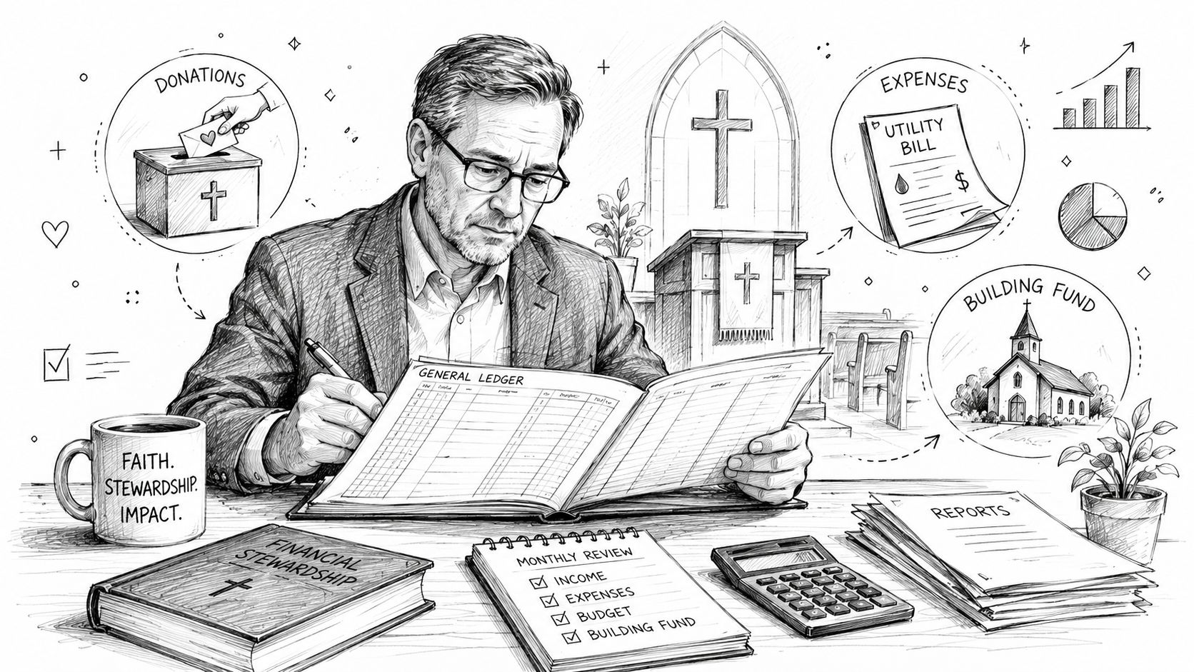 A professional man meticulously manages church financial records and ledgers at a desk with church-related financial reports.