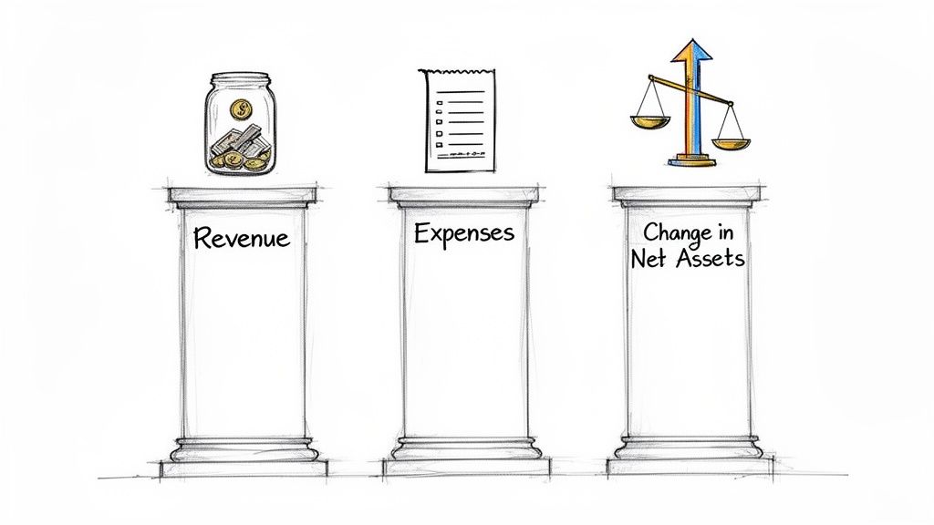 Three pillars labeled Revenue, Expenses, and Change in Net Assets, illustrating a financial statement.