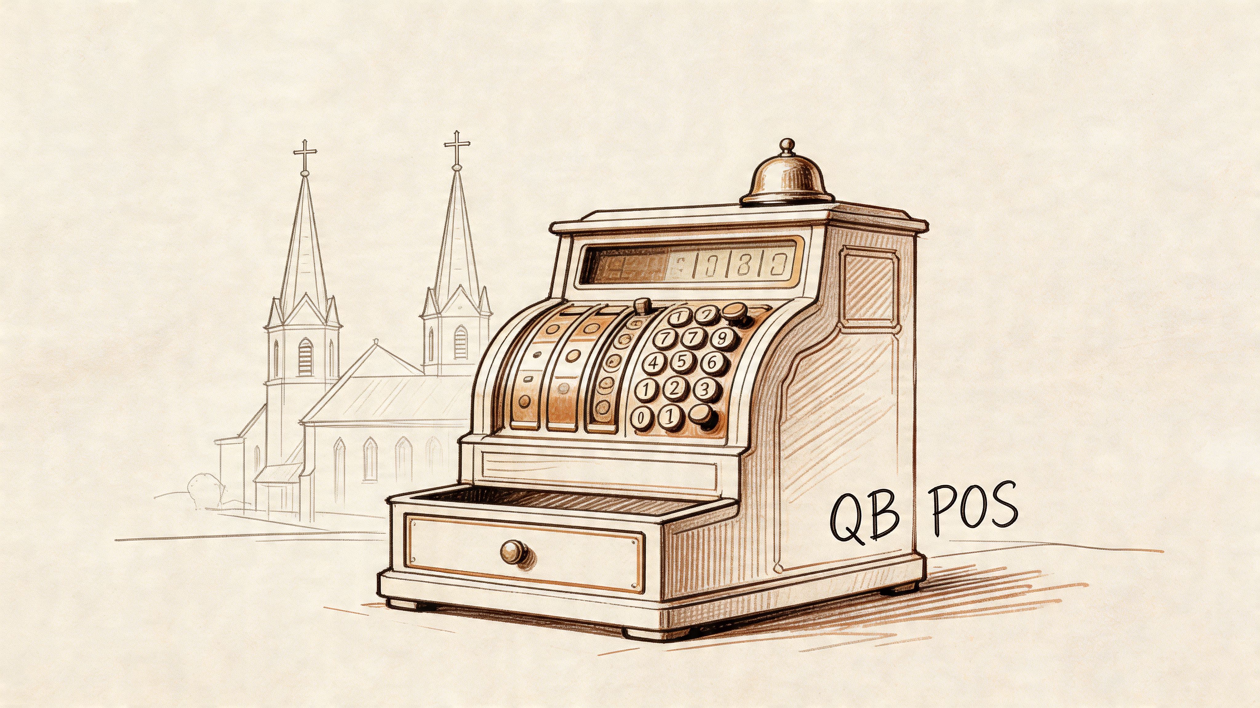 A vintage style cash register drawing with a church in the background and the text QB POS.