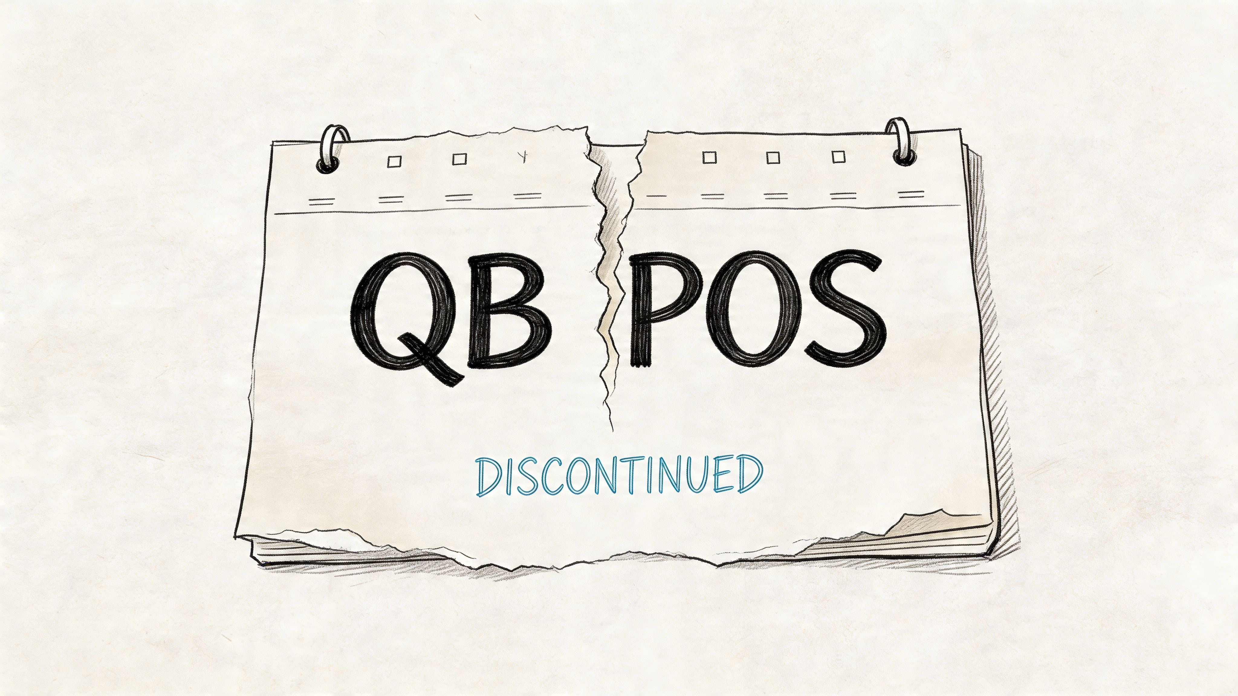 A sketched illustration of a torn page showing the words QB POS and the label discontinued below.
