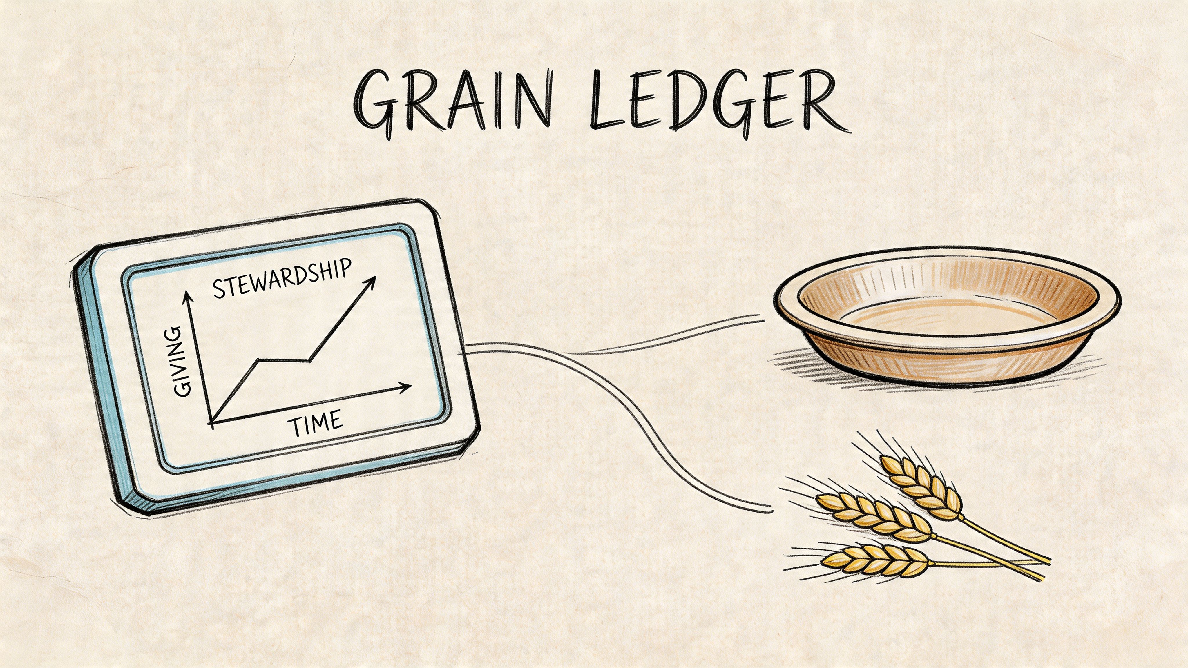 A digital tablet with a stewardship graph connecting to an empty bowl and wheat stalks.