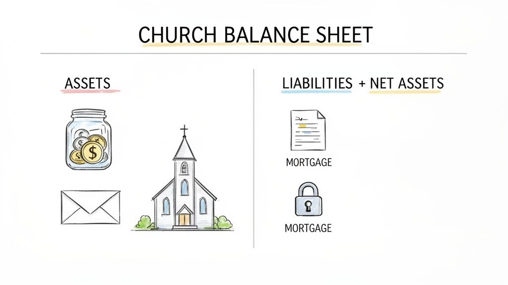 Illustrated church balance sheet showing assets (cash, envelope, church building) and liabilities (mortgages).