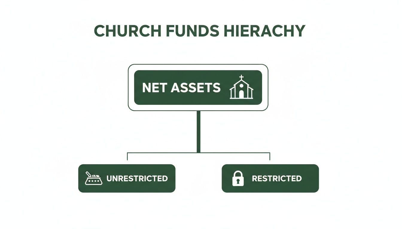 A church funds hierarchy diagram showing net assets branching into unrestricted and restricted funds.