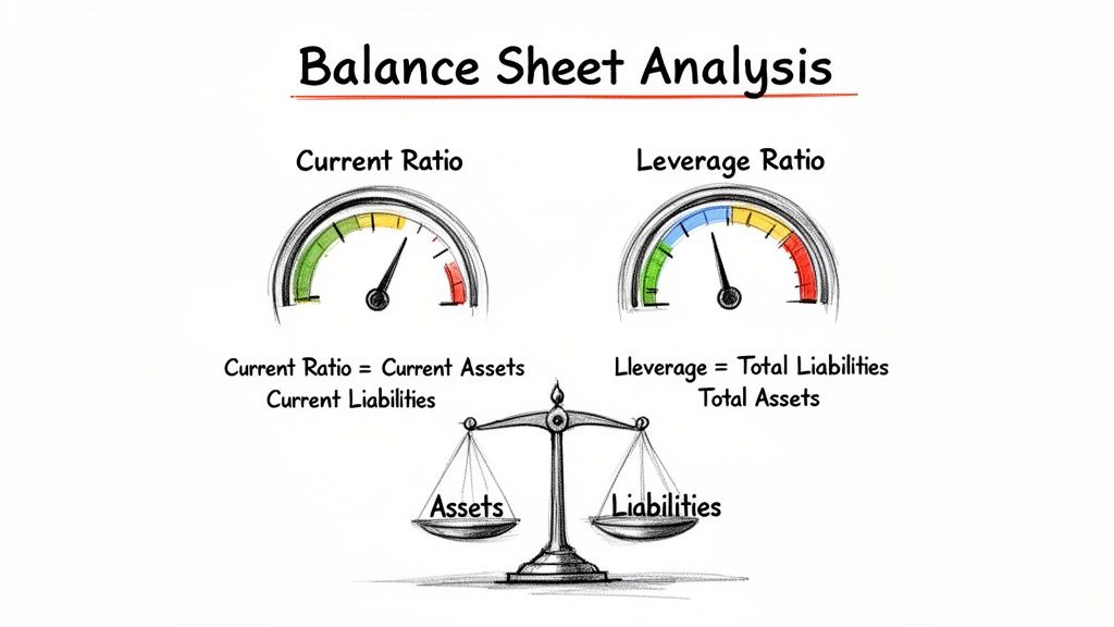 An image illustrating balance sheet analysis with current ratio, leverage ratio, assets, and liabilities.