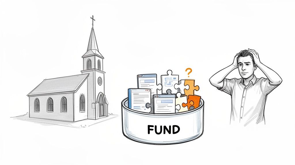 An illustration of a church, a fund with website elements and puzzle pieces, and a confused man holding his head.