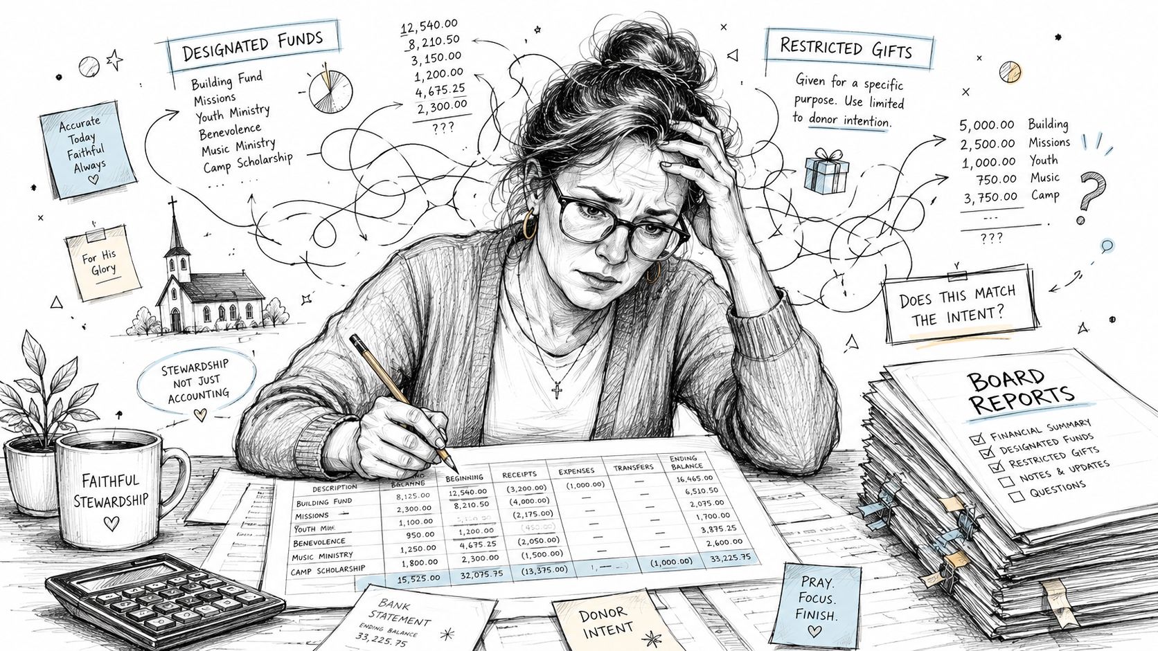A stressed woman reviews complex church financial reports and accounting documents with concern for stewardship and donor intent.