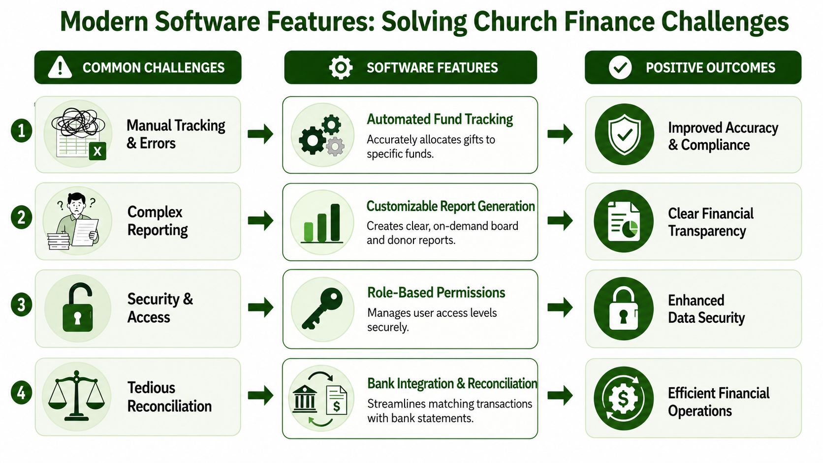 A chart illustrating how modern software features resolve common church finance challenges and create positive outcomes.