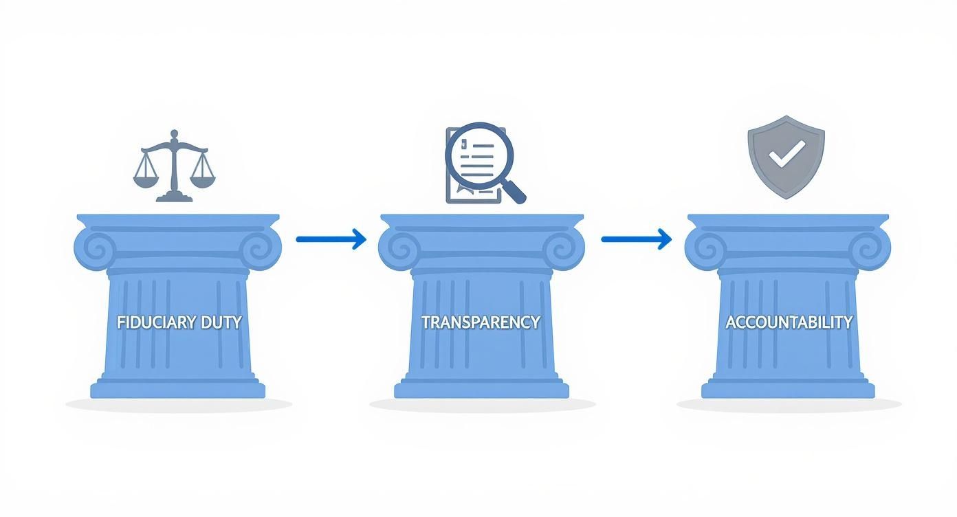 Three pillars representing fiduciary duty, transparency, and accountability, connected by blue arrows.