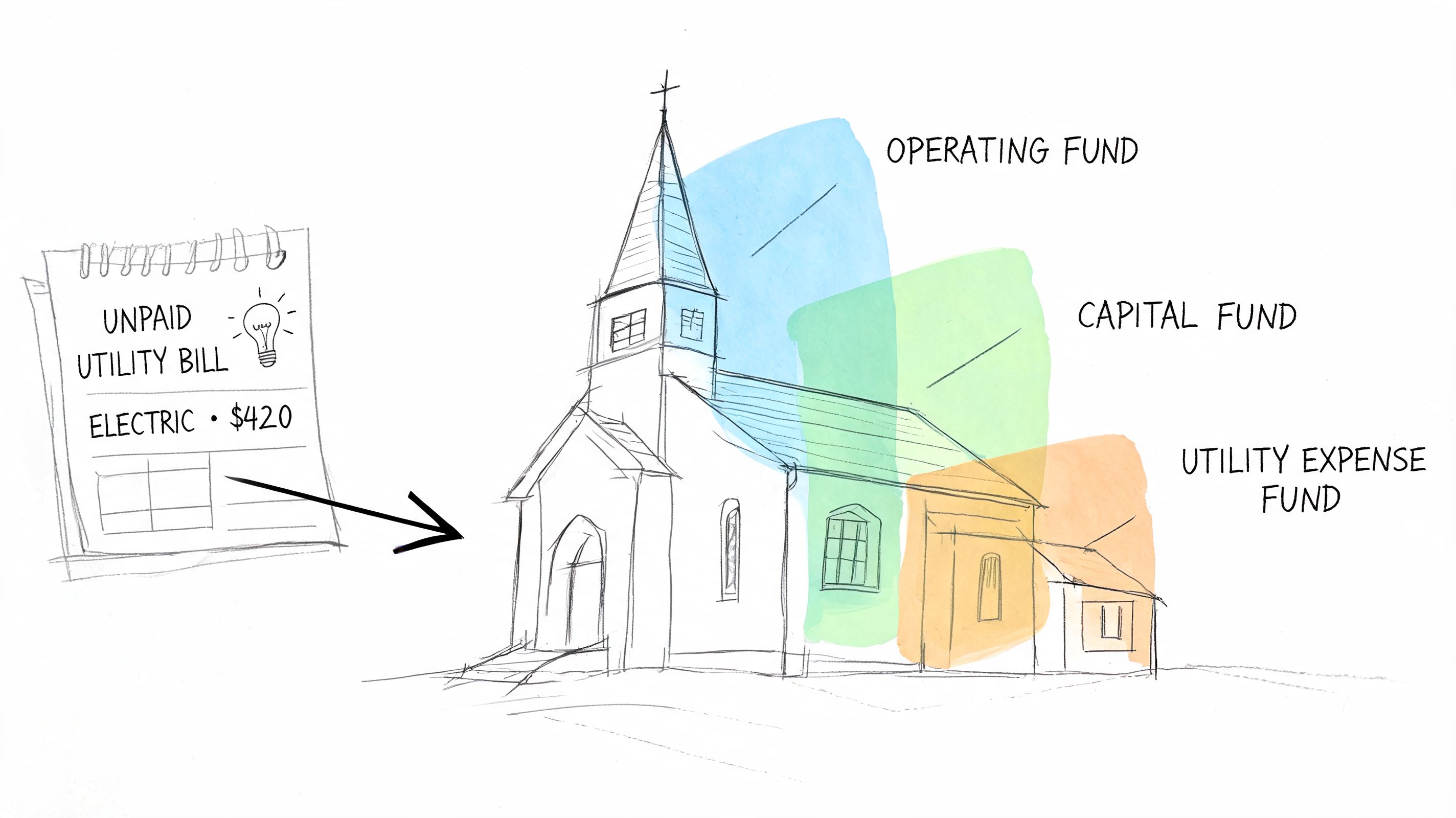 A diagram illustrating church fund accounting with a $420 unpaid electric utility bill directed toward specific funds.